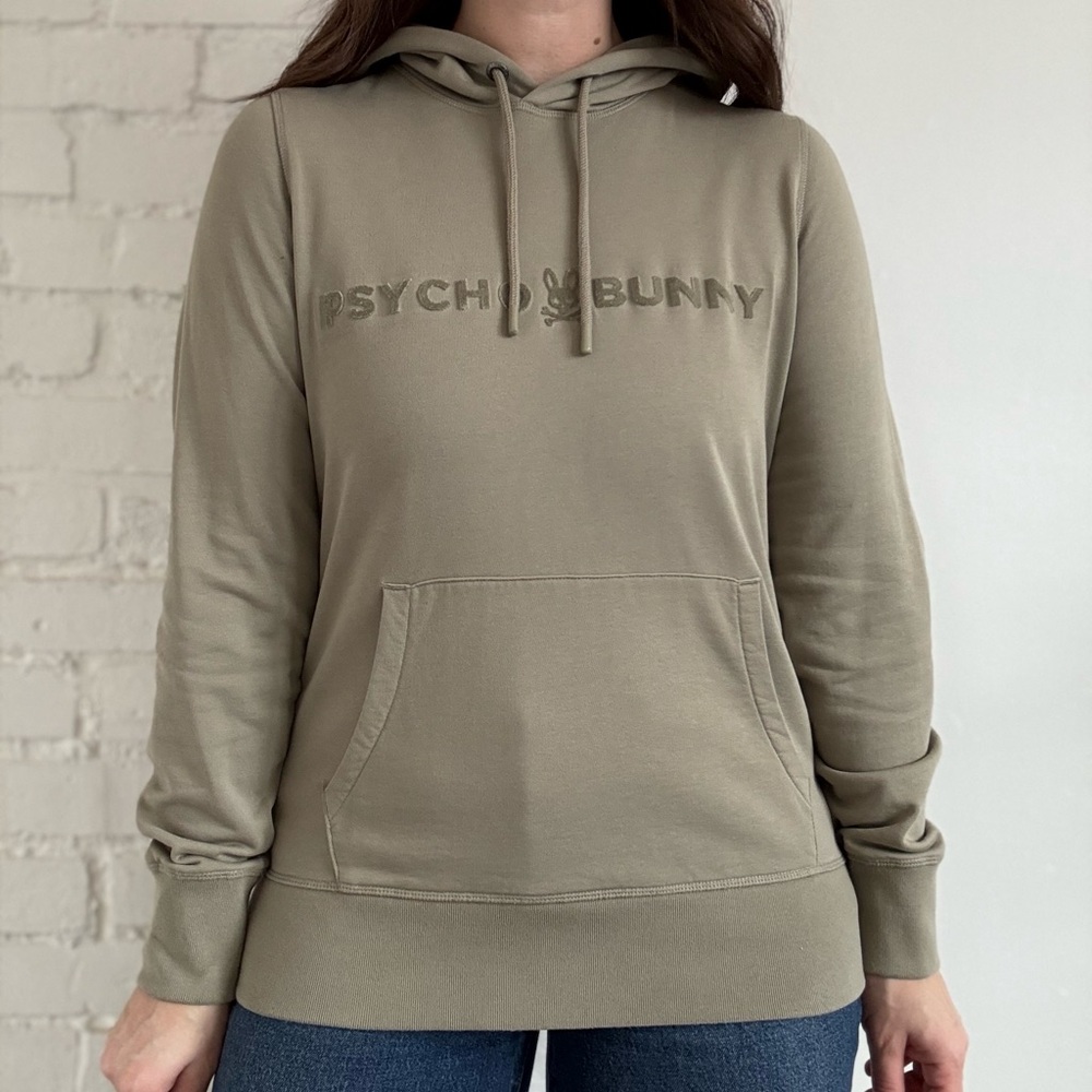 Psycho Bunny French Terry Unisex Olive Khaki Tan Hoodie Sweater Size Small